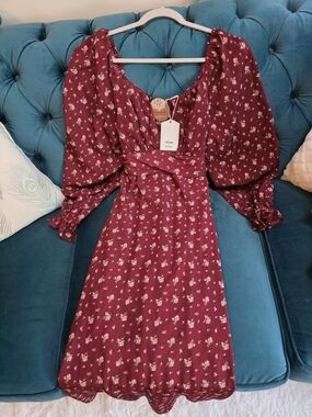 Boho Burgundy Floral Puff-Sleeve Midi Dress